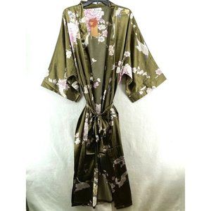 Applesauce Robe Women's Sz OS Moss Green Long Floral Open Front Satin Kimono